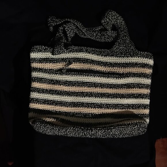 The Sak Crochet Stripped Cream Casual & Black Double Handle Women's Shoulder Bag - Picture 8 of 10